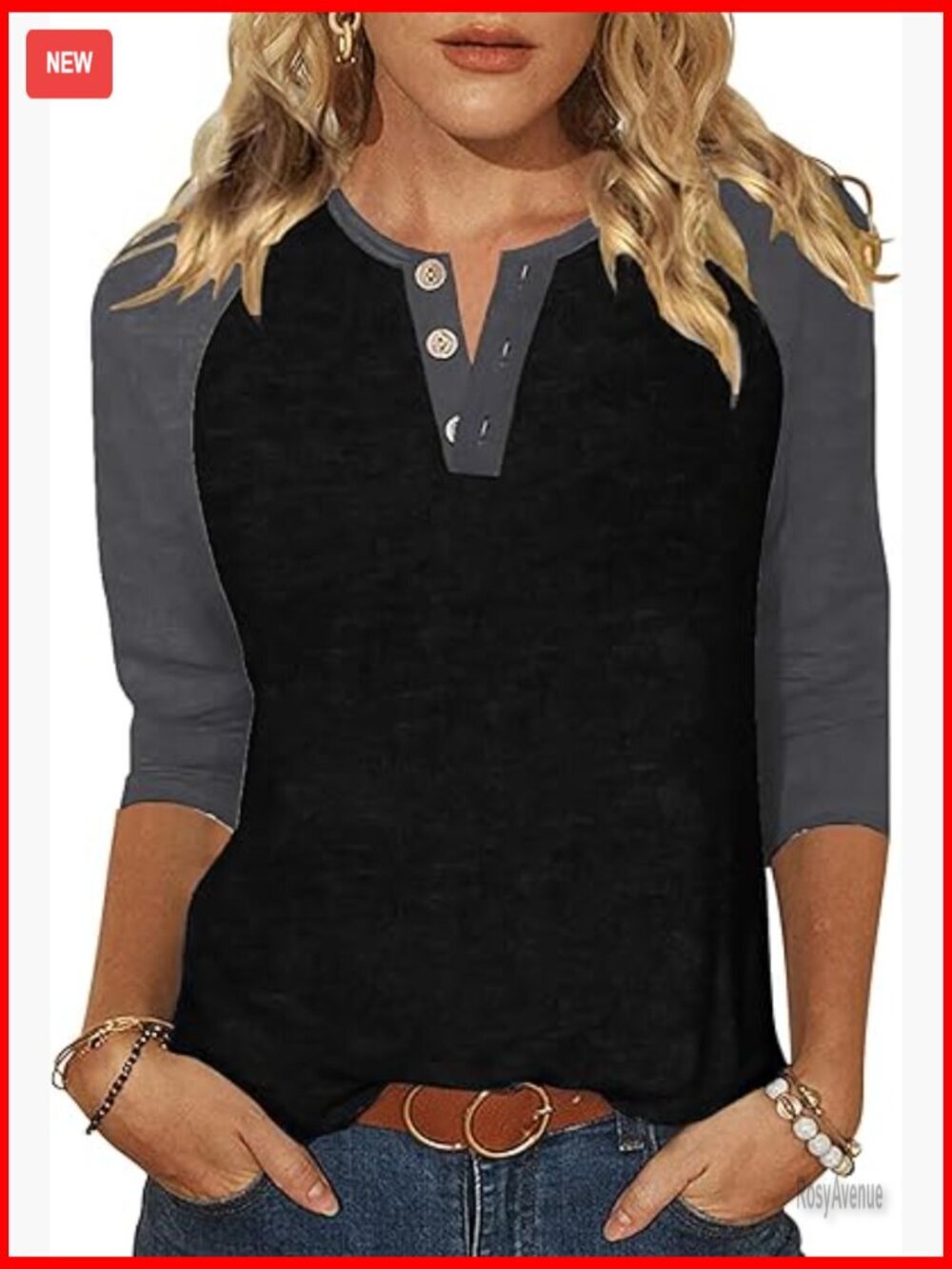 3/4 Sleeve Button V Neck Tunic Blouse Color Block Tee Loose Fit
